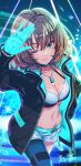  1girl aqua_belt aqua_eyes arm_up asymmetrical_legwear bangs bikini bikini_top_only black_choker black_jacket breasts brown_hair choker cleavage closed_mouth collarbone commentary_request cowboy_shot dog_tags gloves glowing green_gloves groin hair_between_eyes highres idolmaster idolmaster_cinderella_girls idolmaster_cinderella_girls_starlight_stage jacket ko-ki_(kkk51617587) long_sleeves looking_at_viewer medium_breasts midriff mole mole_under_eye navel one_eye_closed open_clothes open_jacket short_hair short_shorts shorts sidelocks signature single_leg_pantyhose smile solo standing swimsuit takagaki_kaede thigh_strap white_shorts 