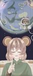  2girls absurdres animal_ears astronaut bangs blush brown_eyes brown_hair capelet closed_eyes colored_skin commentary_request cookie_(touhou) earth_(planet) full_body green_capelet grey_hair hair_between_eyes hakurei_reimu highres index_finger_raised looking_at_viewer minigirl mole mole_under_mouth moon mouse_ears mouse_girl multiple_girls nazrin nyon_(cookie) open_mouth planet psychic_parrot sakenomi_(cookie) short_hair space space_helmet touhou triangle_mouth upper_body white_skin 