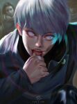  1boy absurdres artist_name ear_piercing facial_tattoo grey_eyes grey_hair highres inumaki_toge jewelry jujutsu_kaisen lens_flare open_mouth piercing ring school_uniform short_hair solo_focus tamelee tattoo upper_body 