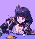  1girl arm_support armor bangs black_feathers black_hair blunt_bangs book bottle bow bowtie braid breasts bridal_gauntlets choko_(cup) chuo8008 cleavage commentary_request crying crying_with_eyes_open cup faith_eternal_(genshin_impact) feathers food genshin_impact gradient_hair hair_ornament holding holding_book holding_skewer japanese_clothes long_hair long_sleeves looking_away low-tied_long_hair low_ponytail lying milk_bottle multicolored_hair object_on_breast omelet on_stomach plate purple_background purple_thighhighs raiden_shogun shoulder_armor sidelocks simple_background single_braid skewer solo surprised tamagoyaki tears thighhighs very_long_hair 
