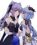  2girls ahoge arm_grab back backlighting black_gloves blue_hair breasts collarbone detached_sleeves dress eye_contact ganyu_(genshin_impact) genshin_impact gloves hair_ribbon highres keqing_(genshin_impact) keqing_(opulent_splendor)_(genshin_impact) light_purple_hair looking_at_another medium_breasts multiple_girls nu_(nmas_nmnk34) parted_lips purple_eyes ribbon strapless strapless_dress twintails white_background yuri 