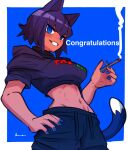  1girl amazu_(kurozu) animal_ears between_fingers blue_background blue_eyes blue_nails blue_pants breasts cat_ears cat_girl cat_tail cigarette commentary congratulations cowboy_shot crop_top drawstring english_commentary grin highres holding holding_cigarette hood hood_down hoodie medium_breasts midriff nail_polish navel original pants puffy_short_sleeves puffy_sleeves purple_hair purple_hoodie short_sleeves smile smoke solo tail two-tone_background white_background 