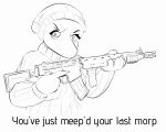  8762e13 angry anthro beanie clothed clothing dialogue dinosaur english_text erin_(snoot_game) female gun hat headgear headwear long_snout looking_at_viewer monochrome mouthless ranged_weapon reaction_image reptile rifle scalie sketch snoot_game_(fan_game) snout solo talking_to_viewer text tired_eyes video_games weapon 