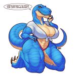  2022 3_fingers abs anthro big_breasts blazbaros blue_body breasts clothing dialogue dinosaur eyelashes female fingers hand_on_hip hi_res huge_breasts kneeling looking_at_viewer muscular pupils reptile scalie sharp_teeth shirt slit_pupils solo striped_body stripes tan_body teeth theropod thick_thighs thong tied_shirt topwear tyrannosaurid tyrannosaurus tyrannosaurus_rex underwear 