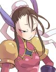  1girl abiko_yuuji animal_ears black_eyes breath_of_fire breath_of_fire_iv brown_hair bun_cover closed_mouth eyeshadow makeup short_hair simple_background solo ursula_(breath_of_fire) white_background 