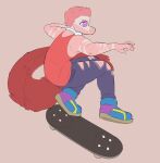  8762e13 anthro bottomwear clothed clothing dinosaur dromaeosaurid feathered_tail feathers goodbye_volcano_high hair hi_res male markings multicolored_body muscular muscular_male pants pink_body pink_hair purple_eyes reed_(gvh) reptile scalie simple_background skateboard skateboarding snoot_game_(fan_game) solo theropod torn_bottomwear torn_clothing torn_pants two_tone_body velociraptor video_games 