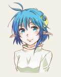  19670615t 1girl blue_eyes blue_hair breasts closed_mouth crescent crescent_hair_ornament hair_ornament looking_at_viewer pointy_ears rena_lanford short_hair simple_background smile solo star_ocean star_ocean_the_second_story white_background 