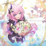  1girl :d bangs black_footwear blue_eyes boots bouquet character_name commentary_request elysia_(honkai_impact) elysia_(miss_pink_elf)_(honkai_impact) flower from_above full_body fur_trim happy_birthday holding holding_bouquet honkai_(series) honkai_impact_3rd long_hair pink_flower pink_hair pink_rose pointy_ears rose smile soha_ez solo standing thigh_boots white_flower white_rose 