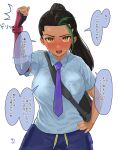  1girl arm_up backpack bag black_bag black_hair blush breast_pocket breasts collared_shirt commentary_request eyelashes gloves green_hair hand_on_hip highres large_breasts long_hair looking_at_viewer multicolored_hair necktie nemona_(pokemon) open_mouth orange_eyes pocket pokemon pokemon_(game) pokemon_sv purple_necktie shirt short_sleeves shorts simple_background single_glove solo speech_bubble streaked_hair sweatdrop translation_request wasawa_(wsw_999) white_background 