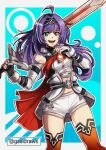  1girl ahoge belt black_armband blue_eyes blue_hair cape elbow_gloves fingerless_gloves fire_emblem fire_emblem:_path_of_radiance fire_emblem_heroes gloves gzei headband highres holding holding_sword holding_weapon long_hair mia_(fire_emblem) navel open_mouth short_shorts shorts smile solo sword teeth thighhighs upper_teeth watermark weapon white_gloves wristband 
