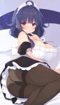  1girl ahoge alternate_costume black_dress black_pantyhose blush breasts dress enmaided feet_out_of_frame frilled_dress frills hair_flaps highres kagerou_(shadowmage) kantai_collection large_breasts long_hair looking_at_viewer low_twintails maid maid_headdress panties panties_under_pantyhose pantyhose purple_hair red_eyes short_sleeves solo taigei_(kancolle) twintails underwear white_panties wrist_cuffs 