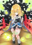  1girl arim0k0 arm_warmers bare_shoulders blonde_hair breasts bridge closed_mouth danmaku full_body green_eyes highres large_breasts leaning_forward looking_at_viewer mizuhashi_parsee off_shoulder pointy_ears sample_watermark shoes short_hair skirt solo standing star_(symbol) touhou traditional_media 
