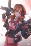  absurdres assault_rifle backpack bag breasts explosive girls&#039;_frontline gloves green_eyes grenade gun hair_ribbon hand_on_hip headphones highres holding holding_weapon howa_type_89 howa_type_89_(girls&#039;_frontline) looking_at_viewer medium_breasts multicolored_background pink_shirt pink_skirt ribbon rifle shirt shu70077 skirt smile stanag_magazine stuffed_animal stuffed_toy teddy_bear trigger_discipline twintails weapon 