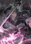  1girl arknights arm_up belt black_dress black_gloves closed_mouth dress expressionless gloves grey_hair grey_theme highres holding holding_sword holding_weapon irene_(arknights) jinfeng0430 lantern long_hair long_sleeves looking_at_viewer pink_eyes pouch rain solo sword very_long_hair weapon white_belt 