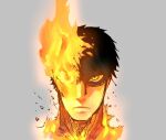  1boy agni_(fire_punch) black_hair burning fire fire_punch flaming_eye grey_background head_only looking_at_viewer orange_eyes sen_(sus_pain) short_hair simple_background solo 