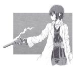  1girl absurdres androgynous belt coat facing_to_the_side greyscale gun highres holding holding_gun holding_weapon kino_(kino_no_tabi) kino_no_tabi monochrome open_clothes open_coat revolver shichisaburo short_hair simple_background smoke solo weapon 