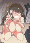  1girl after_sex after_vaginal bed black_hair blush breasts brown_eyes cum cum_in_mouth cum_in_pussy cumdrip fellatio gatchaman_crowds hetero ichinose_hajime kneeling large_breasts long_hair looking_at_viewer motion_lines naked_shirt necktie necktie_removed open_clothes open_shirt oral overflow panties panties_around_one_leg pantyhose pantyhose_removed penis plump purple_panties pussy shirt short_sleeves skirt skirt_removed thick_eyebrows tyrone underwear v wince 