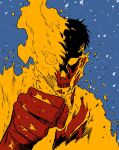  1boy agni_(fire_punch) black_hair blue_background burning clenched_hand fire fire_punch flaming_eye highres limited_palette looking_at_viewer sen_(sus_pain) short_hair skull snow solo 