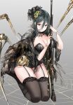  1girl absurdres arthropod_limbs black_hair boots garter_straps gears gun hair_between_eyes highres holding holding_gun holding_weapon lillly looking_at_mirror mechanical_legs mirror original parted rifle seiza silk sitting sniper_rifle solo spider_web steampunk thighhighs thighs weapon 