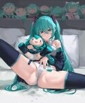  1girl absurdres aqua_eyes aqua_hair aqua_necktie black_sleeves black_thighhighs boots character_doll closed_mouth detached_sleeves doll grey_shirt hand_on_own_crotch hatsune_miku headset highres holding holding_doll long_hair looking_at_viewer magical_mirai_miku magical_mirai_miku_(2020_winter) necktie number_tattoo on_bed panties pillow sawkm shirt sleeveless sleeveless_shirt smile solo spread_legs stuffed_toy tattoo thigh_boots thighhighs twintails underwear very_long_hair vocaloid 