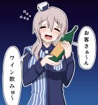  1girl bokota_(bokobokota) bottle breasts closed_eyes employee_uniform grey_hair hat holding holding_bottle kantai_collection lawson medium_breasts mini_hat open_mouth pola_(kancolle) sake_bottle smile solo translated uniform upper_body 