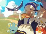  1girl :d :o ^_^ absurdres beanie black_jacket black_socks blue_headwear blue_shorts blue_sky blush braid closed_eyes cloud collared_shirt day fang feet_out_of_frame food fuecoco grass grey_hair hat highres holding holding_food jacket knees_up lighthouse long_sleeves lycanroc lycanroc_(midday) necktie off_shoulder open_clothes open_jacket outdoors parted_lips pokemon pokemon_(game) pokemon_sv puffy_long_sleeves puffy_sleeves purple_necktie sandwich shinx shirt short_shorts shorts signature sitting sky smile socks sofra starly twitter_username white_shirt 