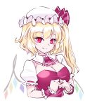  1girl blonde_hair breasts cleavage closed_mouth commentary fang flandre_scarlet hat highres large_breasts mob_cap pointy_ears puffy_short_sleeves puffy_sleeves raptor7 red_eyes short_sleeves smile solo symbol-only_commentary touhou upper_body wings wrist_cuffs 
