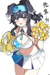  1girl absurdres animal_ears bangs bare_shoulders black_hair blue_archive blue_eyes blush breasts cheerleader dog_ears eyewear_on_head goggles goggles_on_head halo hibiki_(blue_archive) hibiki_(cheerleader)_(blue_archive) highres holding holding_pom_poms long_hair looking_at_viewer midriff navel no_tail official_alternate_costume open_mouth pom_pom_(cheerleading) ponytail skirt solo tail thighs white_skirt yanggaengwang yellow_halo 