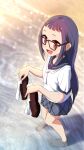  1girl :d absurdres barefoot beach blurry blurry_background depth_of_field glasses hair_down highres loafers long_hair looking_at_viewer oekakiism oogaki_chiaki orange_eyes purple_hair sailor_collar school_uniform shoes shoes_removed short_bangs smile socks_removed solo wading yurucamp 