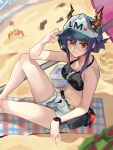  1girl absurdres animal arknights arm_up bare_arms bare_shoulders baseball_cap beach beach_umbrella bikini bikini_under_clothes black_bikini blue_hair blush breasts ch&#039;en_(arknights) ch&#039;en_the_holungday_(arknights) closed_mouth collarbone crab dated eyewear_removed grey_headwear grey_shorts hat highres holding holding_eyewear horns horns_through_headwear koffre3 looking_at_viewer looking_to_the_side medium_breasts multicolored_hair navel no_tail nose_blush red_eyes red_hair sand sand_sculpture short_shorts shorts solo streaked_hair sunglasses swimsuit twitter_username umbrella watch wristwatch 