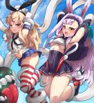  2girls animal_ears armpits arms_up ass azur_lane bakasp-lilzy bangs bare_legs bikini_over_clothes black_hairband black_panties black_skirt blonde_hair blue_skirt blue_sky blush breasts covered_navel crop_top elbow_gloves enemy_naval_mine_(kancolle) gloves hairband highleg highleg_panties highres jacket kantai_collection long_hair miniskirt multiple_girls navel open_mouth outdoors panties pleated_skirt rabbit_ears red_thighhighs restrained sailor_collar school_uniform serafuku shimakaze_(azur_lane) shimakaze_(kancolle) skirt sky small_breasts striped striped_thighhighs sweat tentacles thighhighs tickling tongue tongue_out underboob underwear white_gloves white_hair white_thighhighs yellow_eyes 