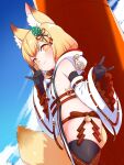  1girl animal_ear_fluff animal_ears bare_shoulders bell black_gloves black_thighhighs blonde_hair blue_sky blush breasts brown_eyes closed_mouth cloud commentary_request commission day detached_sleeves done_(donezumi) double_fox_shadow_puppet dutch_angle fox_ears fox_girl fox_shadow_puppet fox_tail from_side gloves highres hood hood_down jingle_bell long_sleeves looking_at_viewer looking_to_the_side original outdoors ribbon-trimmed_sleeves ribbon_trim side_cutout skeb_commission sky sleeves_past_wrists small_breasts smile solo tail thighhighs white_sleeves wide_sleeves 