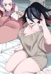  3girls :o absurdres animal_ears animal_print arm_behind_head ass bare_legs black_hair blue_eyes boku_no_hero_academia breasts bunny_print cleavage dark-skinned_female dark_skin futon grey_sweater hair_between_eyes hand_on_own_cheek hand_on_own_face highres koyap lady_nagant large_breasts long_hair looking_at_another looking_at_viewer medium_hair midnight_(boku_no_hero_academia) mirko multicolored_hair multiple_girls open_mouth panties pink_hair pink_panties purple_eyes purple_hair rabbit_ears rabbit_girl rabbit_tail reaching reading seiza sitting sweatdrop sweater tail tank_top teeth thick_thighs thighs two-tone_hair underwear white_hair 