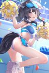  1girl absurdres animal_ears ass bangs bare_shoulders black_hair blue_archive breasts cheerleader commentary_request confetti crop_top dog_ears dog_girl dog_tail goggles goggles_on_head grey_eyes hibiki_(blue_archive) hibiki_(cheerleader)_(blue_archive) highres holding holding_pom_poms large_breasts long_hair lucy_(rusi-juren328) midriff miniskirt open_mouth outdoors panties pom_pom_(cheerleading) ponytail shoes sidelocks skirt sneakers solo tail thighs underwear white_footwear white_panties 