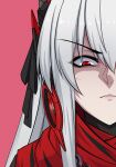  1girl absurdres bangs closed_mouth disgust grey_hair hair_between_eyes hair_ornament headgear highres long_hair looking_at_viewer lucia:_crimson_abyss_(punishing:_gray_raven) lzypoipoi punishing:_gray_raven red_background red_eyes red_scarf scarf 