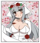  1girl bokota_(bokobokota) breasts bridal_veil cleavage dress elbow_gloves floral_background gangut_(kancolle) gloves grey_hair jewelry kantai_collection large_breasts ring scar scar_on_arm scar_on_breasts scar_on_face skirt_hold smile solo strapless strapless_dress upper_body veil wedding_dress wedding_ring white_dress 
