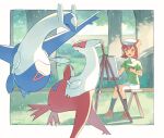  1girl bangs bianca_(pokemon_heroes) black_socks border brown_footwear brown_hair commentary_request easel eyelashes grass green_shirt hat highres holding knees latias latios medium_hair open_mouth pankona_(ubsssss) pokemon pokemon_(anime) pokemon_(classic_anime) pokemon_(creature) pokemon_heroes:_latios_&amp;_latias shirt shoes short_sleeves sitting sketchbook skirt smile socks stool tree white_border white_headwear white_skirt 