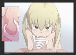  1boy 1girl bar_censor blonde_hair blush breasts censored completely_nude fellatio gloves green_eyes hetero long_hair looking_at_viewer maka_albarn nipples nude oral pov small_breasts soul_eater squeezing_testicles testicles twintails tyrone white_gloves 