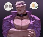  :p absurdres bara black_choker choker crossed_arms forked_eyebrows gem guoguo highres large_pectorals long_sideburns male_focus male_prostitution mature_male muscular muscular_male naughty_face original partially_unbuttoned pectoral_cleavage pectorals purple_eyes purple_gemstone purple_shirt saliva shiny shiny_skin shirt short_hair sideburns signature spoken_dollar_sign spoken_hand thick_eyebrows tongue tongue_out white_hair 