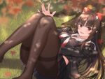  1girl autumn autumn_leaves azur_lane bangs black_cardigan black_hair black_pantyhose black_serafuku black_shirt black_skirt blush breasts cardigan commentary_request convenient_leg crop_top day fang feet_out_of_frame highres horns knees_together_feet_apart knees_up kuwahara_taiki leaf long_hair lying maple_leaf medium_breasts midriff neckerchief on_back oni_horns open_cardigan open_clothes outdoors pantyhose pleated_skirt red_eyes sakawa_(azur_lane) school_uniform serafuku shirt sidelocks skirt smile solo thighband_pantyhose thighs white_neckerchief 