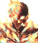  1boy absurdres agni_(fire_punch) black_hair burning fire fire_punch flaming_eye highres looking_at_viewer rakutoooon short_hair simple_background solo white_background 