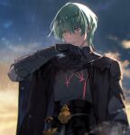  1boy armor bangs byleth_(fire_emblem) byleth_(fire_emblem)_(male) cloud fire_emblem fire_emblem:_three_houses gloves green_eyes green_hair highres looking_down male_focus rain shiroi_(shiroicbe) solo wet 