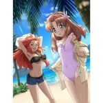  2girls amou_kanade artist_request bad_source beach bikini black_bikini blue_eyes blue_shorts blush breasts brown_hair cleavage closed_eyes covered_navel flower hair_flower hair_ornament large_breasts long_hair multiple_girls navel ocean official_art open_clothes open_mouth open_shorts outdoors palm_tree pink_one-piece_swimsuit red_hair senki_zesshou_symphogear senki_zesshou_symphogear_xd_unlimited serena_cadenzavna_eve shiny shiny_hair short_shorts shorts side-tie_bikini_bottom sky small_breasts smile swimsuit tree undressing 