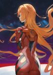  1girl ass blue_eyes blush bodysuit evangelion:_3.0+1.0_thrice_upon_a_time fadingz from_behind highres long_hair looking_away neon_genesis_evangelion orange_hair plugsuit rebuild_of_evangelion red_bodysuit solo souryuu_asuka_langley torn_bodysuit torn_clothes very_long_hair 