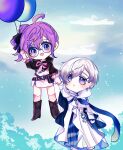  1boy 1girl absurdres ahoge balloon bangs black_bow black_footwear black_jacket blue_cape blue_eyes blush boots bow cape chibi cloud commentary dress elsword english_commentary floating glasses gloves hair_between_eyes hair_bow highres holding holding_balloon holding_hands jacket long_sleeves mimimou400 noah_ebalon nyx_pieta_(elsword) open_clothes open_jacket open_mouth purple_eyes purple_hair robe short_hair side_ponytail sky smile two-tone_cape white_cape white_dress white_gloves white_hair white_robe yuria_landar 