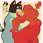  2022 anthro anukkyt blue_body bluey_(series) brown_body canid canine canis cartoon_network domestic_dog duo erection genitals grizzly_(wbb) hi_res male male/male mammal moobs overweight overweight_male penis sex unknown_character ursid we_bare_bears 