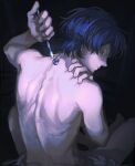  1boy arm_up bangs bare_back barefoot black_background blanket blue_eyes blue_hair blunt_ends closed_mouth fingernails from_behind genshin_impact hair_between_eyes hand_up highres holding holding_weapon knife looking_back looking_to_the_side male_focus mitsudomoe_(shape) no_headwear scaramouche_(genshin_impact) shaded_face short_hair simple_background solo sparkle tattoo thijikoy tomoe_(symbol) weapon 