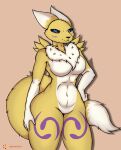  anthro bandai_namco blue_eyes body_outline breasts canid canine canis digimon digimon_(species) female fluffy fluffy_chest fluffy_hair fluffy_tail fox fox_tail hair hi_res mammal raised_hips renamon skade_(artist) smile solo wide_hips 