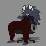  1:1 absurd_res barefoot chair clothed clothing eyeless feet fully_clothed furniture grey_background hi_res male on_chair overalls simple_background sitting sitting_on_chair solo spinycatto unknown_character unknown_species 