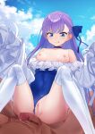 1boy 1girl bangs blue_eyes blue_ribbon blue_sky blush breasts breasts_out choker clitoris clothing_aside coffeekite collarbone fate/grand_order fate_(series) frills girl_on_top hair_ribbon hetero highleg highleg_swimsuit highres licking_lips long_hair long_sleeves meltryllis_(fate) meltryllis_(swimsuit_lancer)_(fate) meltryllis_(swimsuit_lancer)_(second_ascension)_(fate) nipples off-shoulder_one-piece_swimsuit off_shoulder one-piece_swimsuit penis prosthesis prosthetic_leg puffy_sleeves purple_hair pussy ribbon sitting sitting_on_person sky sleeves_past_fingers sleeves_past_wrists small_breasts smile solo_focus straddling swimsuit swimsuit_aside thighs tongue tongue_out very_long_hair white_ribbon 